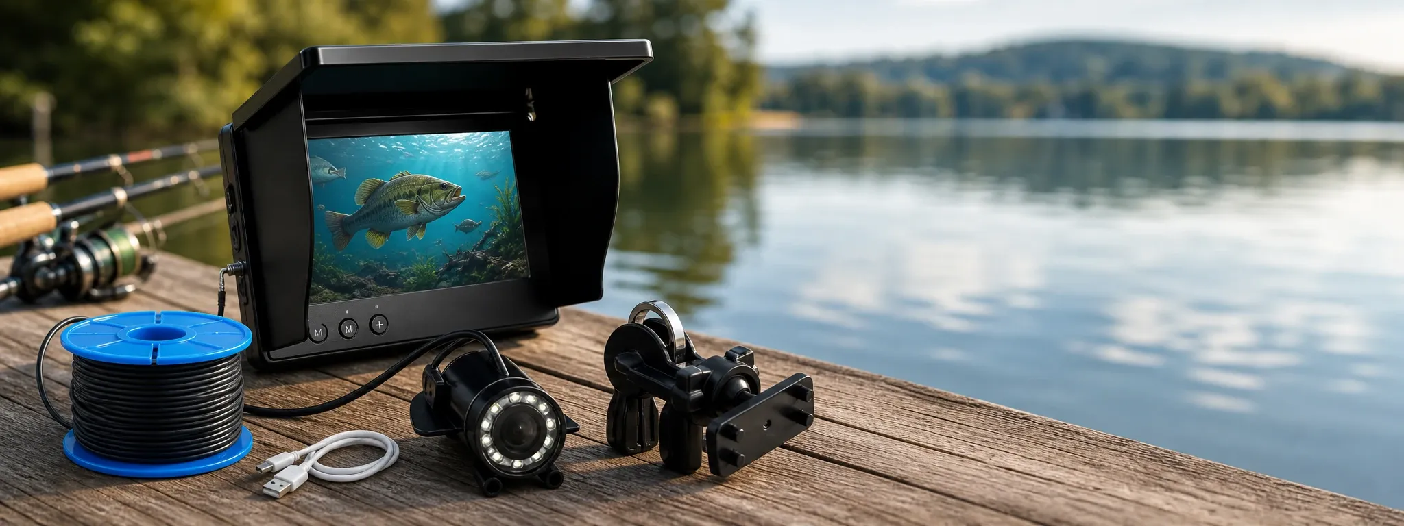 Underwater fishing camera kit on a wooden lakeside dock, showing a monitor with a fish view, a camera with LED lights, cable spool and mounting accessories, with fishing rods and calm water in the background.